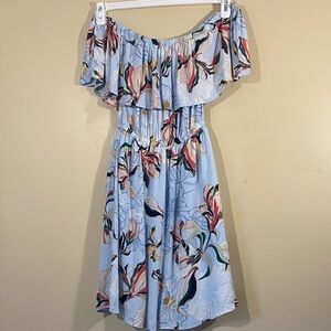 cupcakes & cashmere Floral Ruffle Midi Dress off shoulder boat neck blue elastic
